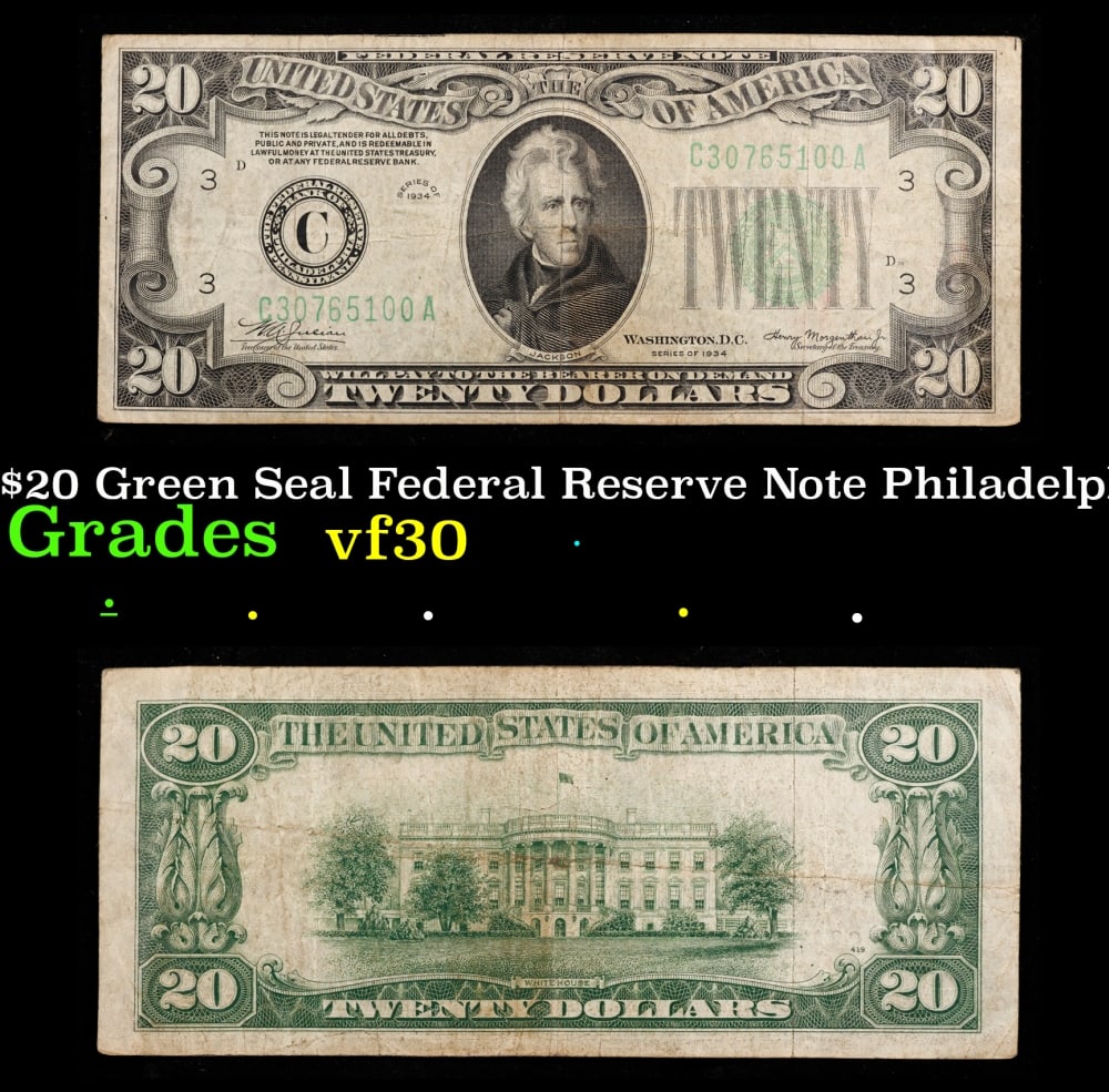 1934 $20 Green Seal Federal Reserve Note Philadelphia, PA Grades vf++: 1934 $20 Green Seal Federal Reserve Note Philadelphia, PA Grades vf++. Historic precious metal trends is causing increased spot pricing by the day. On auctions with set openings, we are doing our best