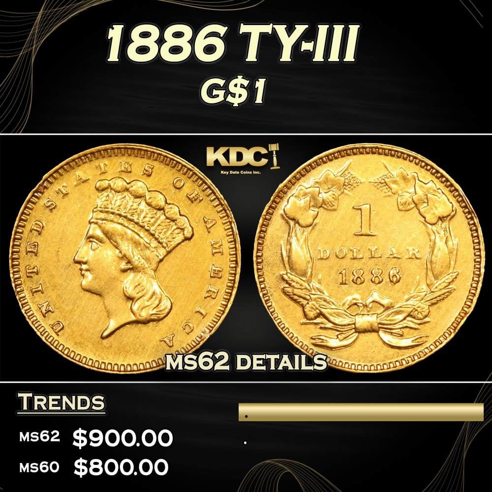 1886 Gold Dollar TY-III $1 ms62 details SEGS: 1886 TY-III Gold Dollar $1 ms62 details SEGS. 0 Historic precious metal trends is causing increased spot pricing by the day. On auctions with set openings, we are doing our best to have items priced a