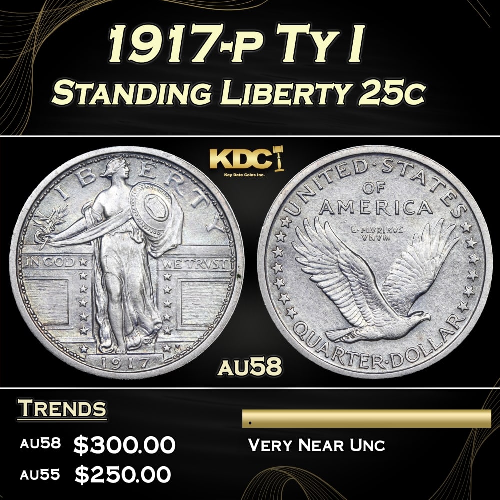 1917-p Ty I Standing Liberty Quarter 25c Grades au58: 1917-p Ty I Standing Liberty Quarter 25c Grades au58. 0 Historic precious metal trends is causing increased spot pricing by the day. On auctions with set openings, we are doing our best to have items