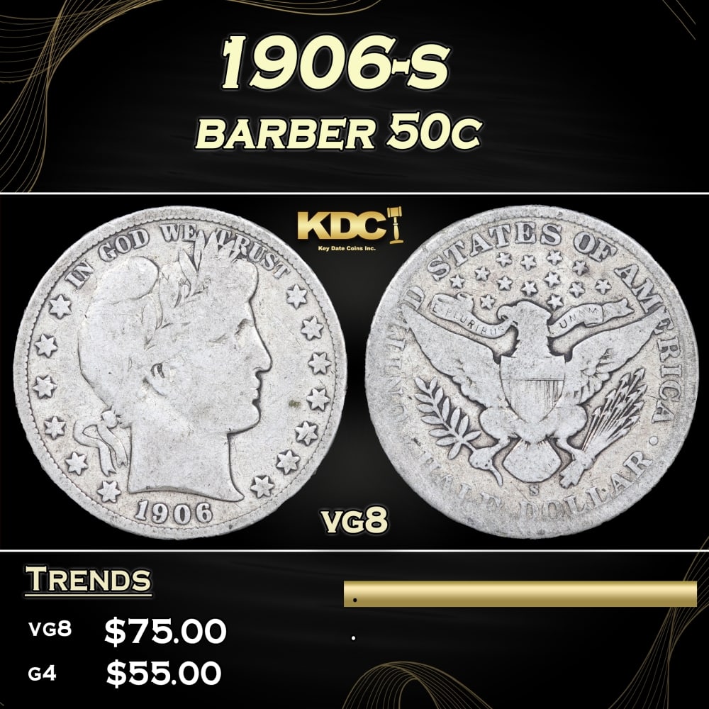 1906-s Barber Half Dollars 50c Grades vg8: 1906-s Barber Half Dollars 50c Grades vg8. 0 Historic precious metal trends is causing increased spot pricing by the day. On auctions with set openings, we are doing our best to have items priced at t