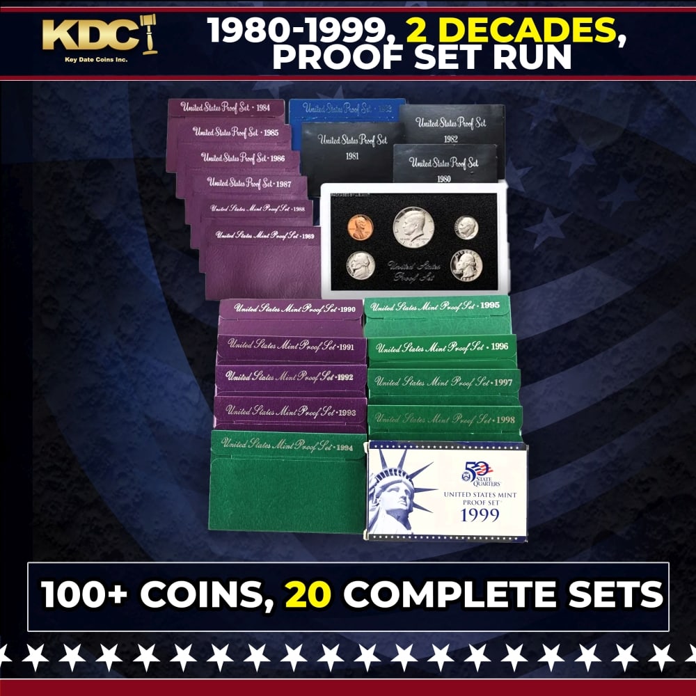 1980-1999 2 Decades Proof Set Run - 100+ Coins, 20 Complete Sets: 1980-1999 2 Decades Proof Set Run - 100+ Coins, 20 Complete Sets. 1980-1999 2 Decades Proof Set Run - 107 Coins, 10 Complete Sets. 1999 Saw the introduction of the 50 State Quarters series. Historic p