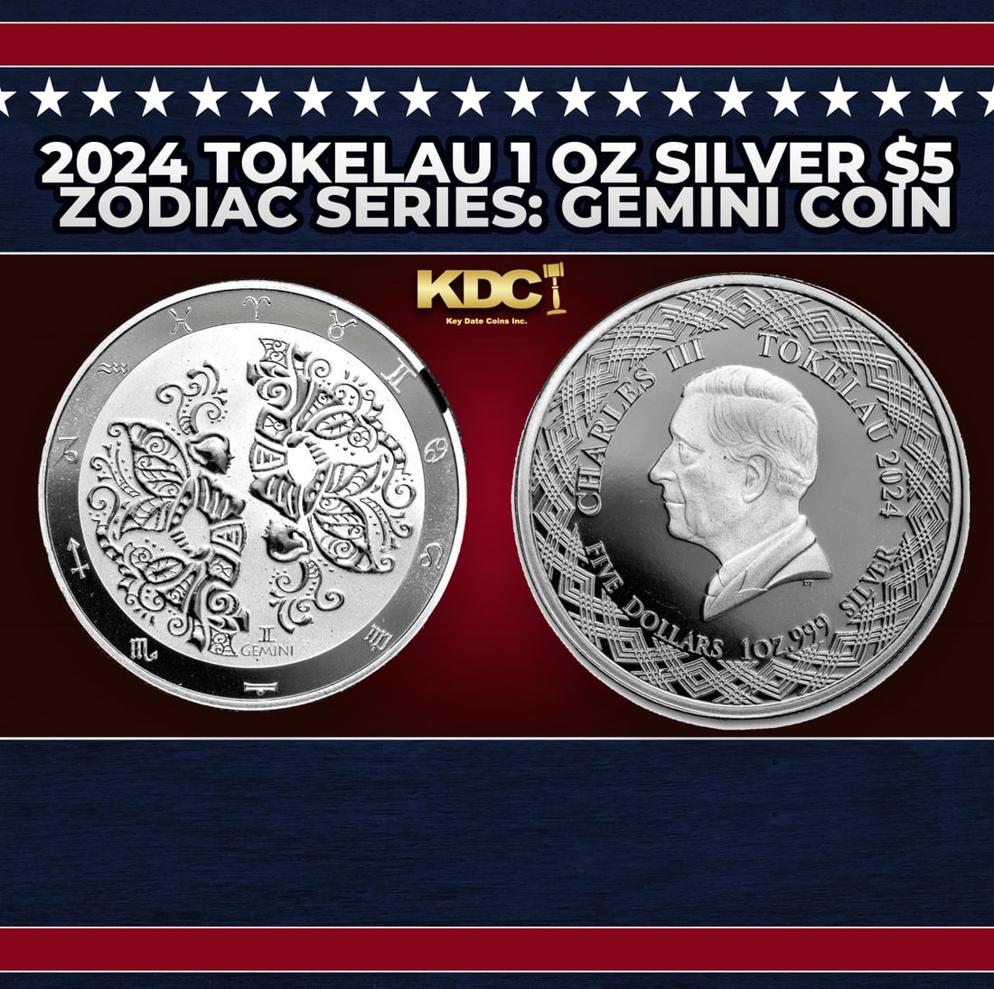 2024 Tokelau 1 oz Silver $5 Zodiac Series: Gemini Coin Round (1 of 3)