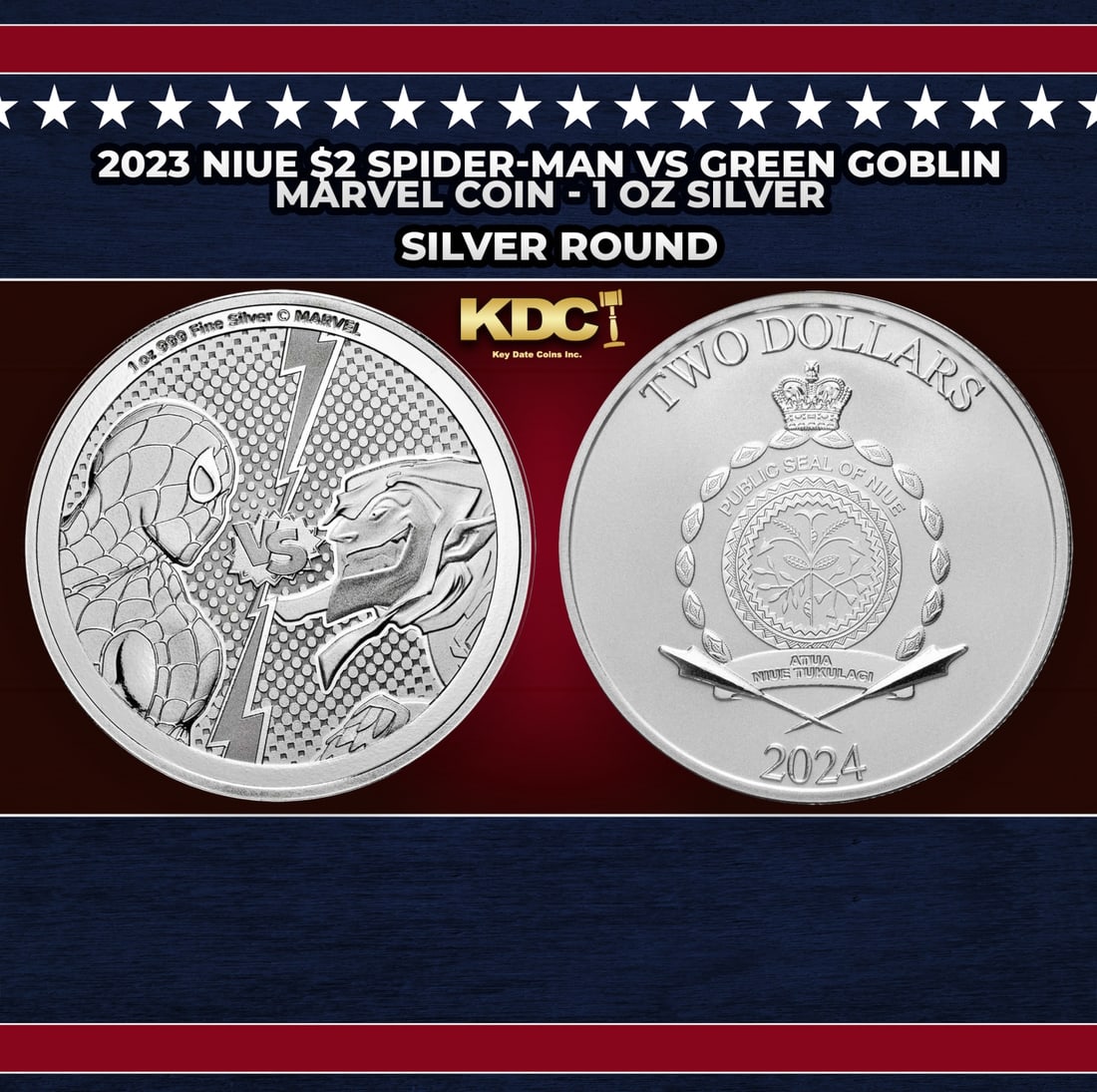 2024 Niue $2 Spider-Man vs Green Goblin Marvel Coin - 1 oz Silver Round Round: 2024 Niue $2 Spider-Man vs Green Goblin Marvel Coin - 1 oz Silver Round. The "Marvel Versus" series of silver bullion coins features the most iconic hero and villain match-ups in the Marvel universe!