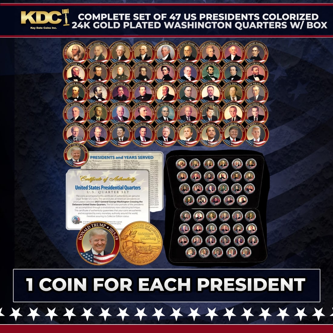 Complete Set of 47 US Presidents Colorized 24k Gold Plated Washington Quarters w/ BOX Other Toy (1 of 1)