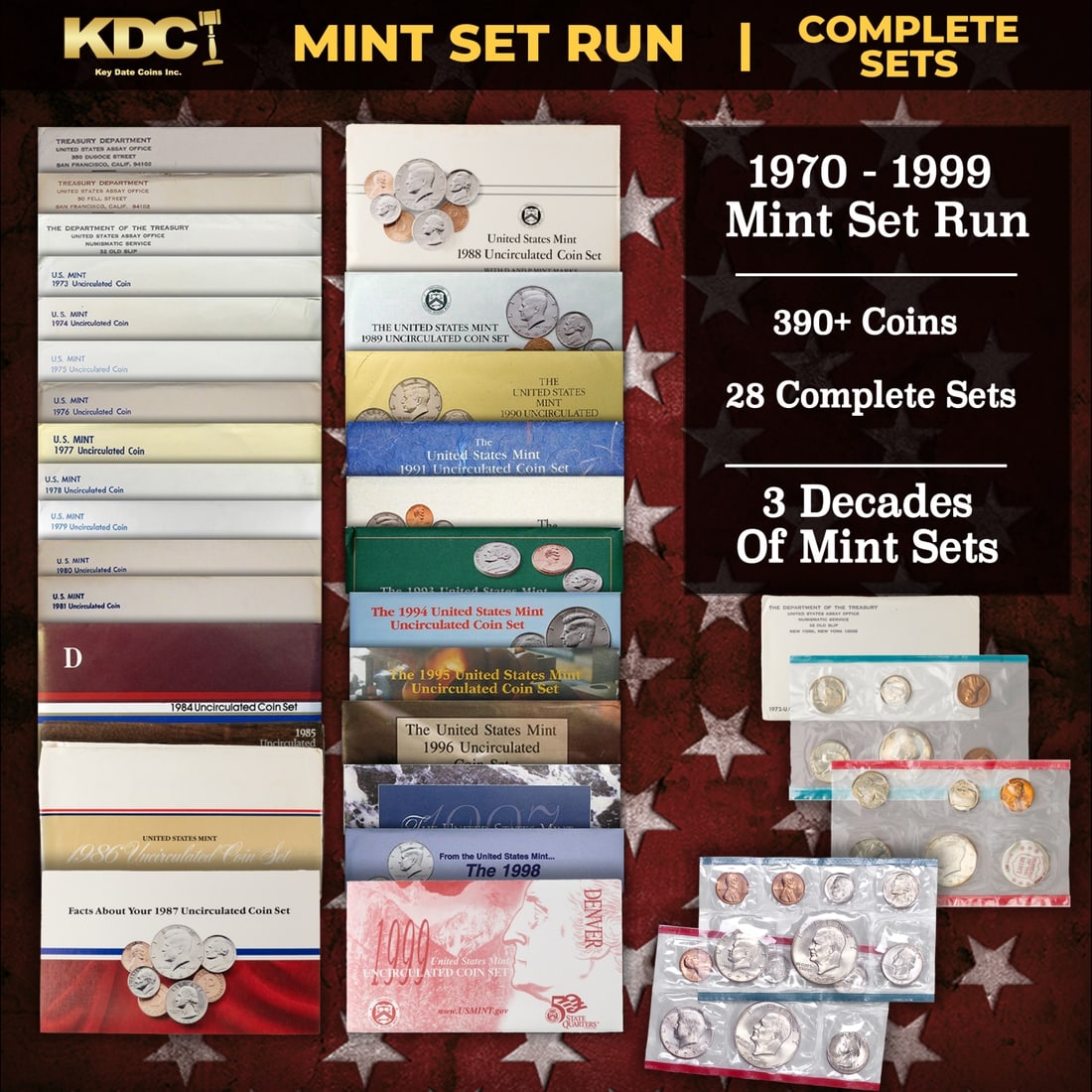 1970-1999 Mint Set Run 392 Coins 28 Complete Sets Includes All Ike Years: 1970-1999 Mint Set Run 392 Coins 28 Complete Sets Includes All Ike Years. Historic precious metal trends is causing increased spot pricing by the day. On auctions with set openings, we are doing our b