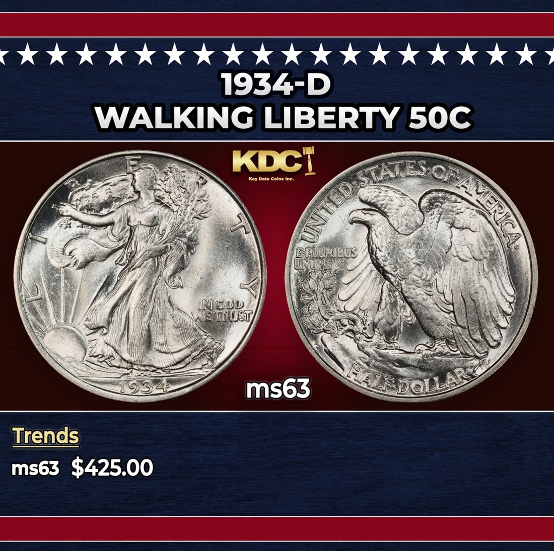 1934-d Walking Liberty Half Dollar 50c Grades ms63 (1 of 3)