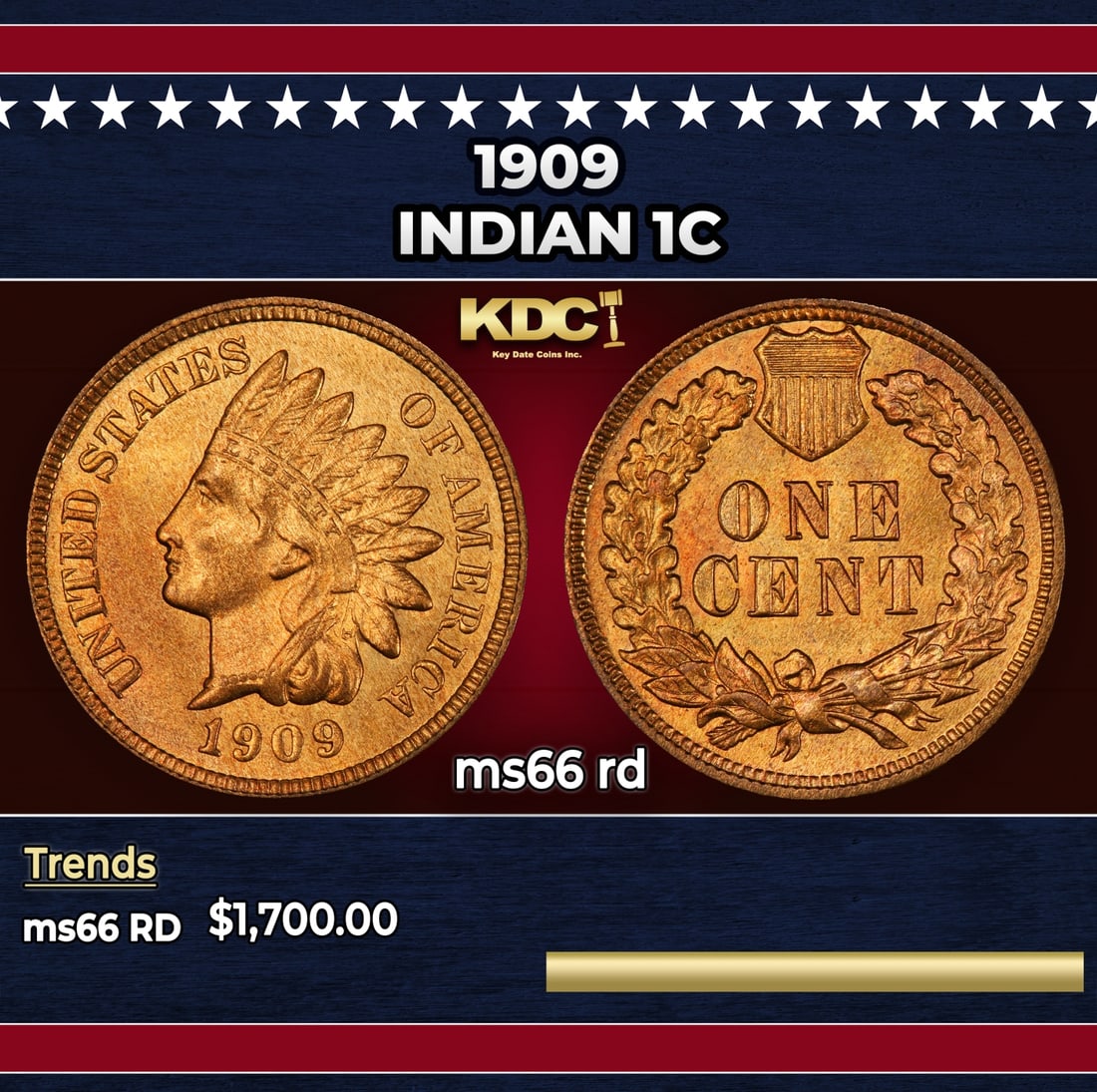 1909 Indian Cent 1c ms66 rd SEGS (1 of 3)