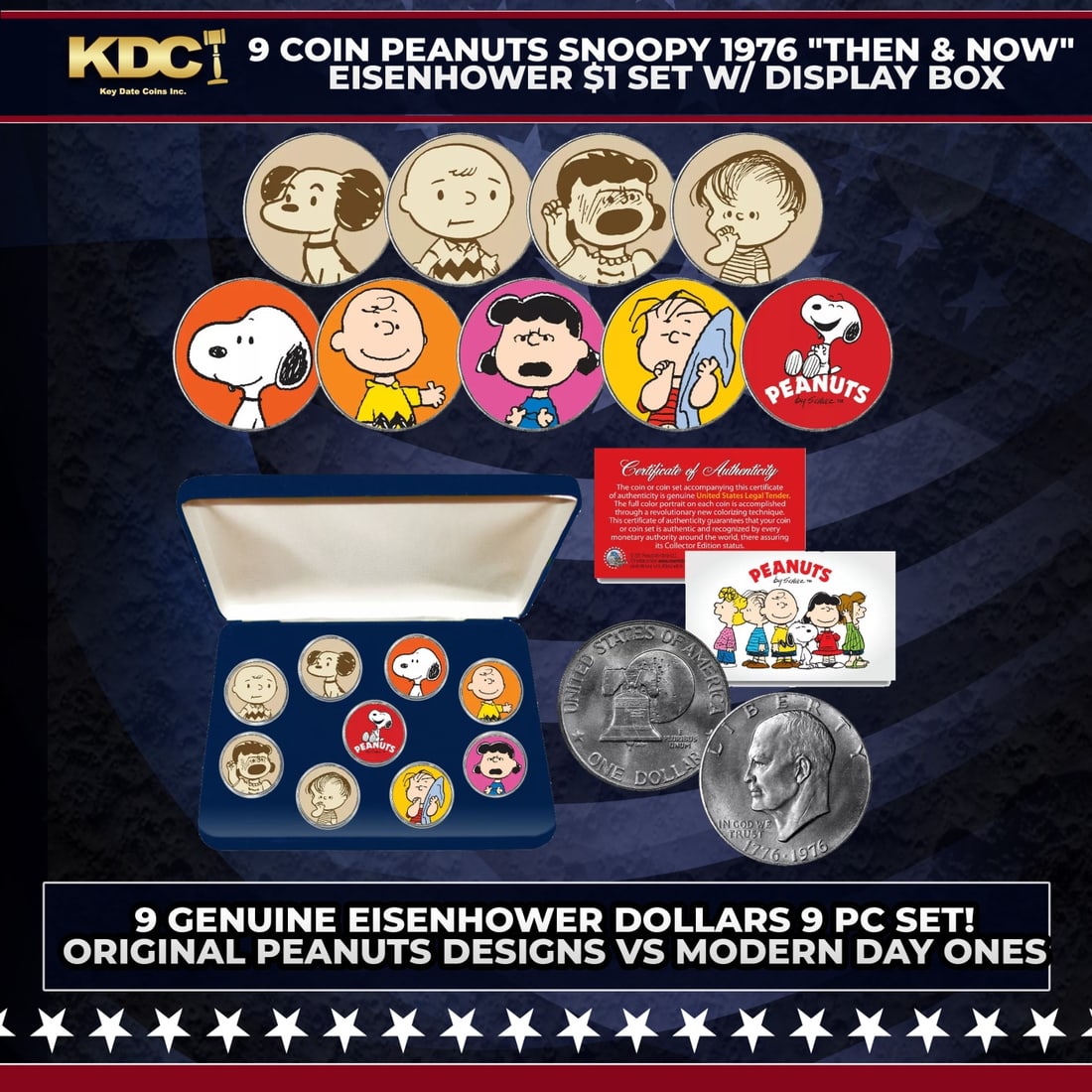 9 Coin Peanuts Charlie Brown, Snoopy 1976 "Then & Now" Eisenhower $1 Set w/ Display Box Other Toy (1 of 2)