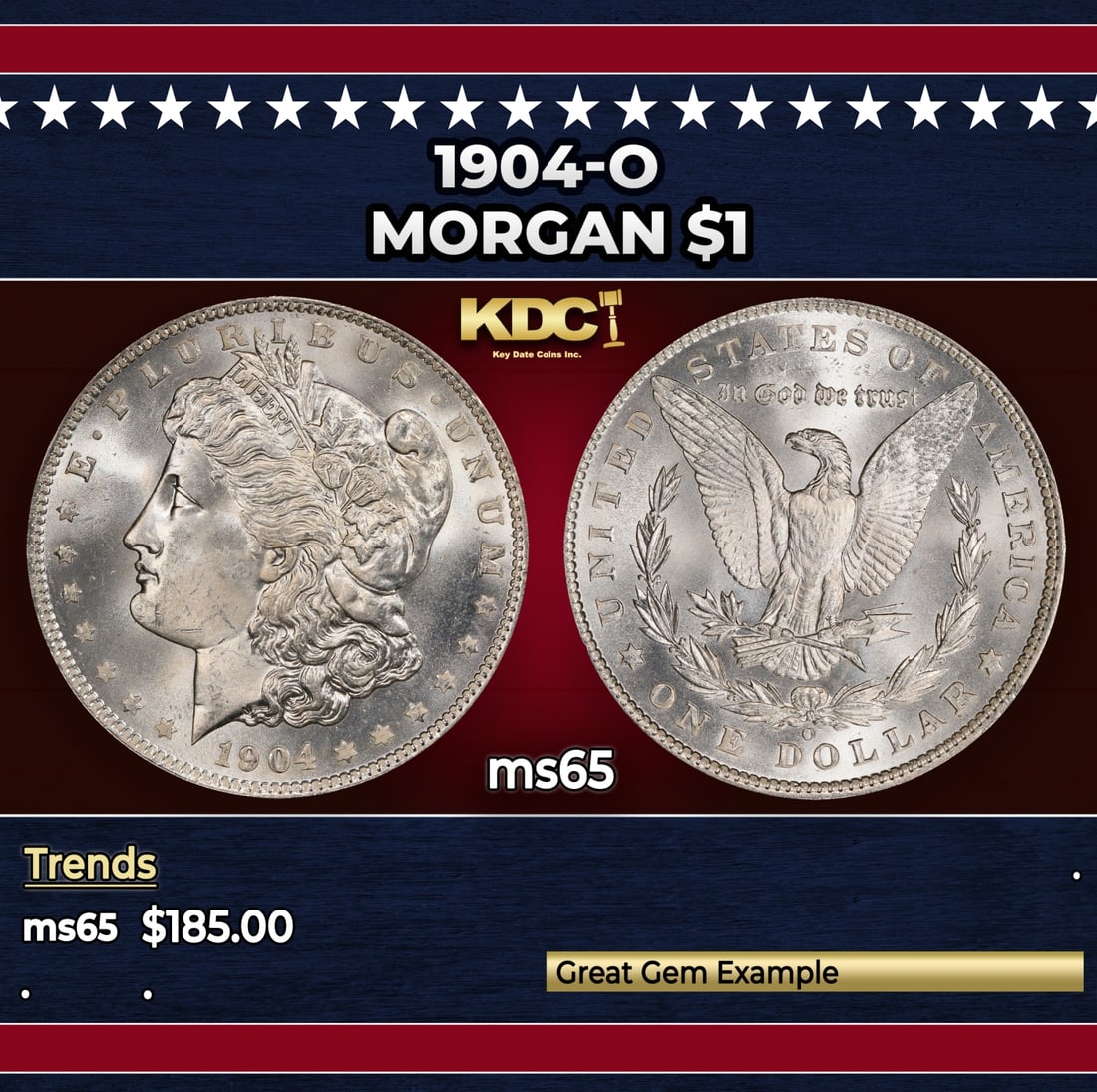 1904-o Morgan Dollar $1 Grades ms65: 1904-o Morgan Dollar $1 Grades ms65. Historic precious metal trends is causing increased spot pricing by the day. On auctions with set openings, we are doing our best to have items priced at their mar