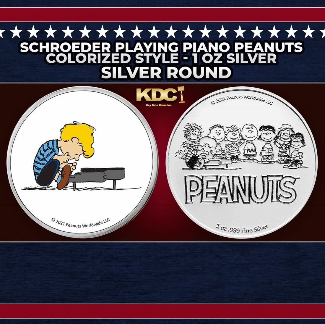 Schroeder Playing Piano Peanuts Colorized Style - 1 oz Silver Round Round (1 of 3)