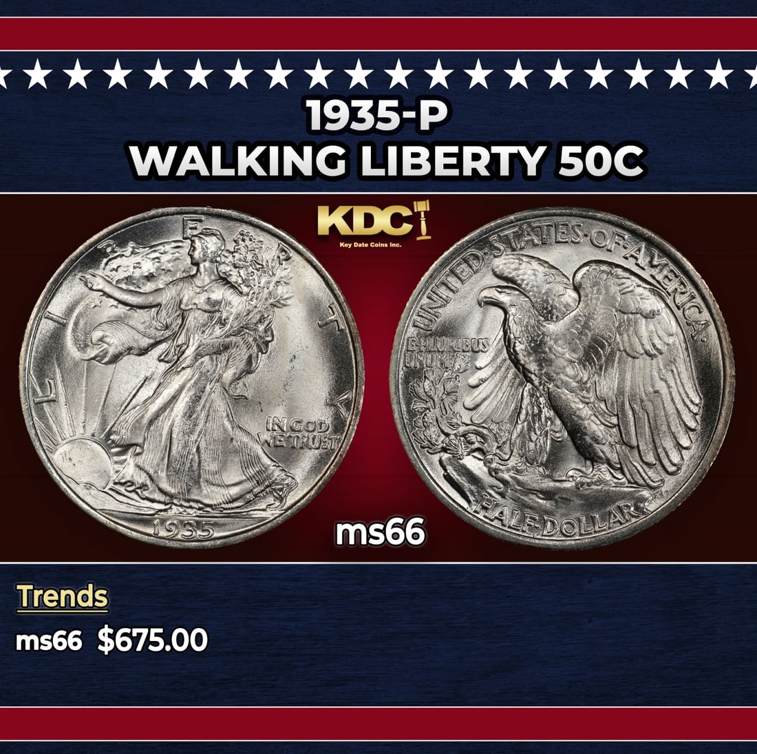 1935-p Walking Liberty Half Dollar 50c Grades ms66: 1935-p Walking Liberty Half Dollar 50c Grades ms66. Historic precious metal trends is causing increased spot pricing by the day. On auctions with set openings, we are doing our best to have
