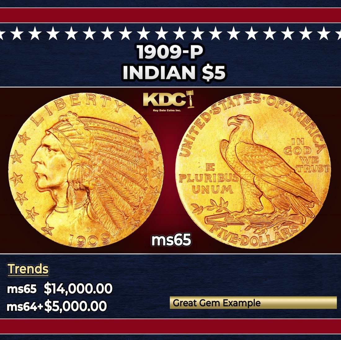1909-p Gold Indian Half Eagle $5 ms65 USCG (1 of 3)