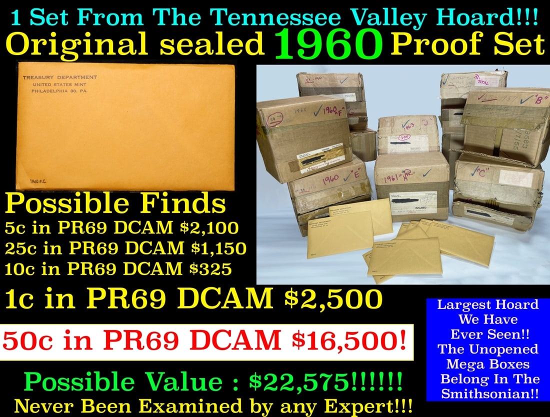 Original sealed 1960 United States Mint Proof Set Tennessee Valley Hoard: Original sealed 1960 United States Mint Proof Set Tennessee Valley Hoard. Once in a lifetime collection We are proud to bring to auction the greatest proof collection of the late 1950s and early 1960s