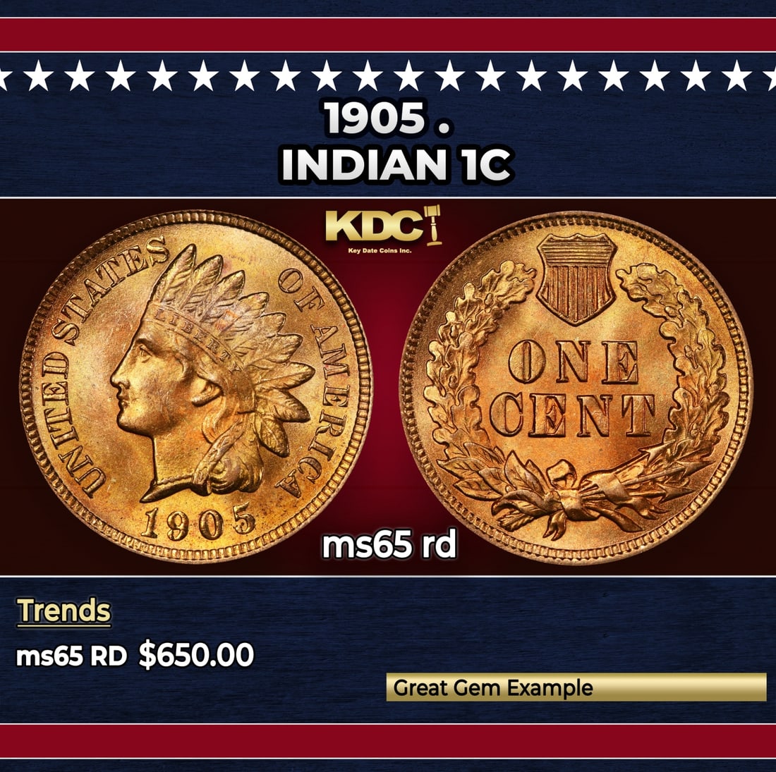 1905 Indian Cent . 1c Grades ms65 rd (1 of 3)