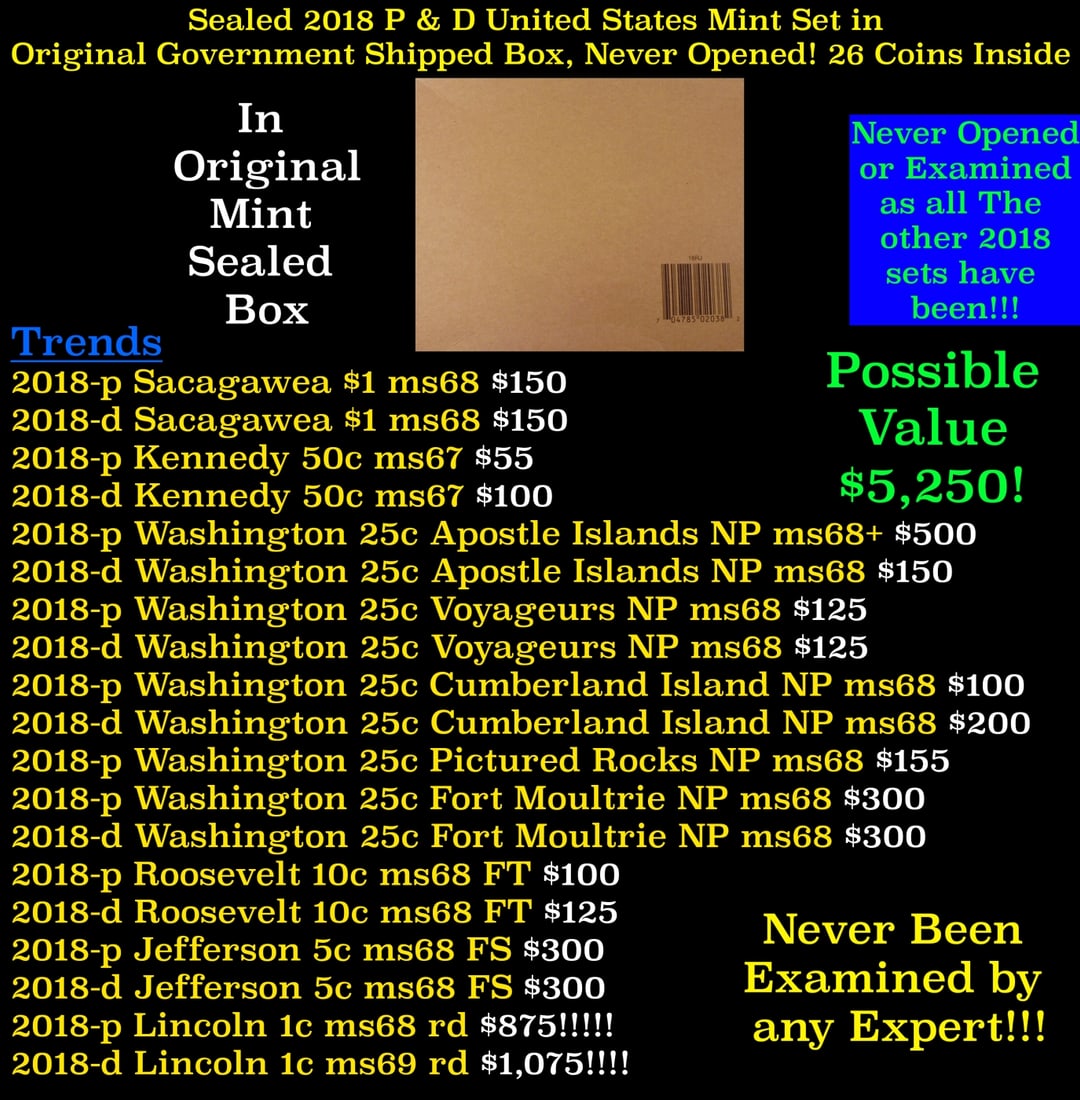 Sealed 2018 United States Mint Set in Original Government Shipped Box, Never Opened! 20 Coins: Sealed 2018 United States Mint Set in Original Government Shipped Box, Never Opened! 20 Coins Inside!. The 2018 United States Mint Uncirculated Coin Set® contains two folders of 10 coins each, one fr