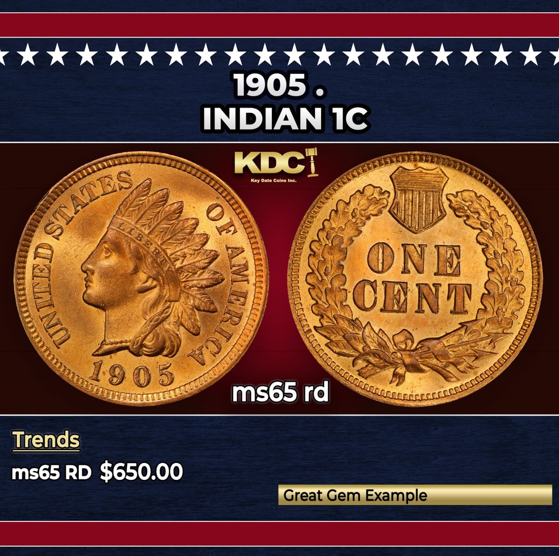 1905 Indian Cent . 1c Grades ms65 rd (1 of 3)