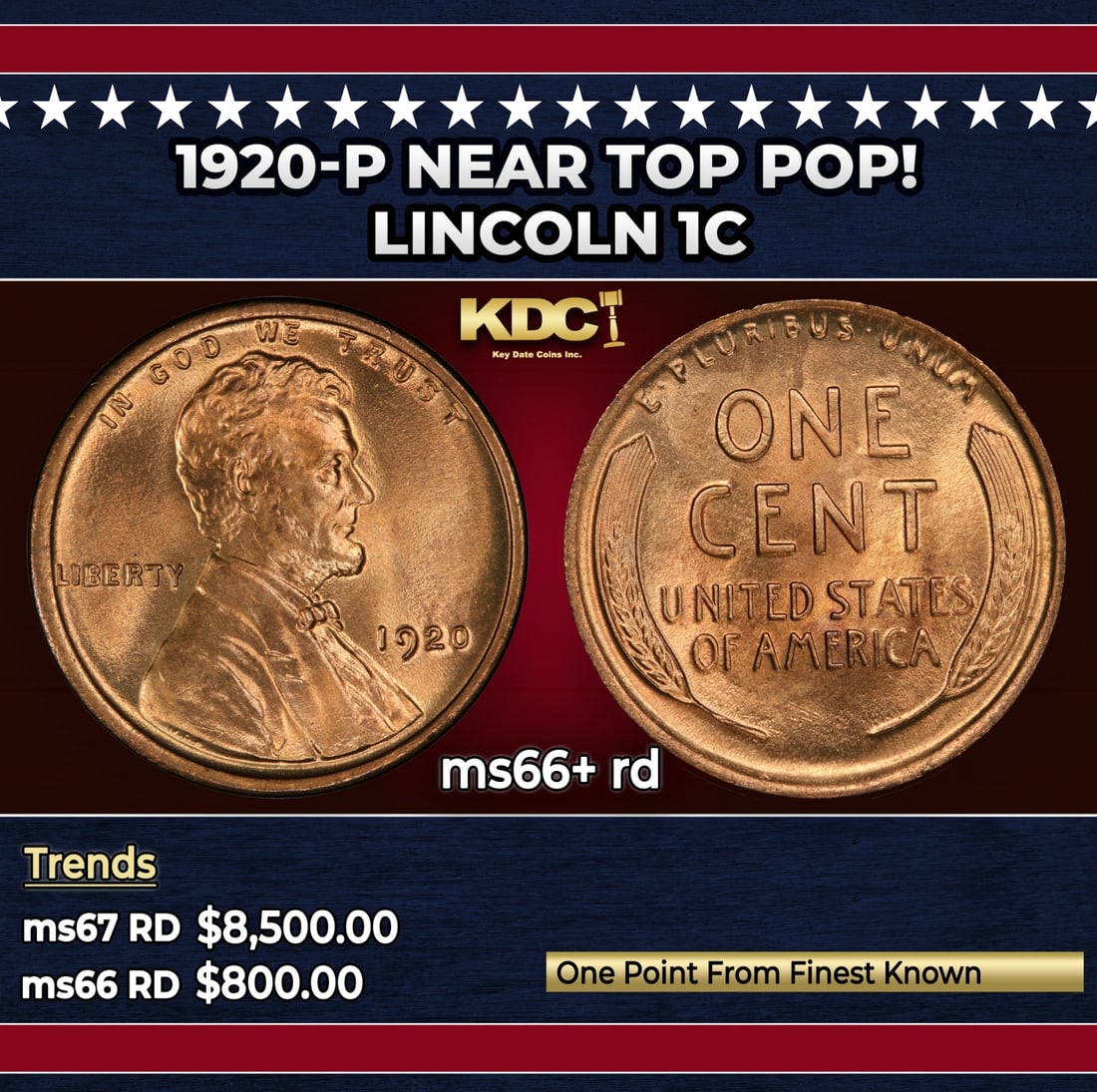 1920-p Lincoln Cent Near Top Pop! 1c ms66+ rd SEGS (1 of 3)