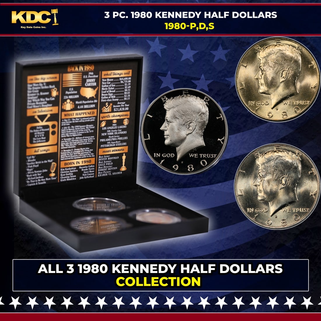 Complete 3 PC. 1980 Kennedy Half Dollar 50c set In Custom Box W/ Special Backer Card BU & Proof (1 of 7)