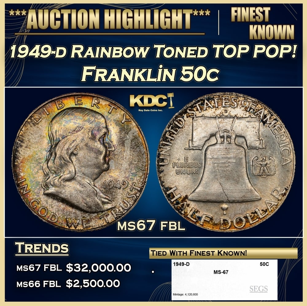 1949-d Franklin Half Dollar Rainbow Toned TOP POP! 50c ms67 fbl SEGS: 1949-d Rainbow Toned TOP POP! Franklin Half Dollar 50c ms67 fbl SEGS. 0 Historic precious metal trends is causing increased spot pricing by the day. On auctions with set openings, we are doing our bes