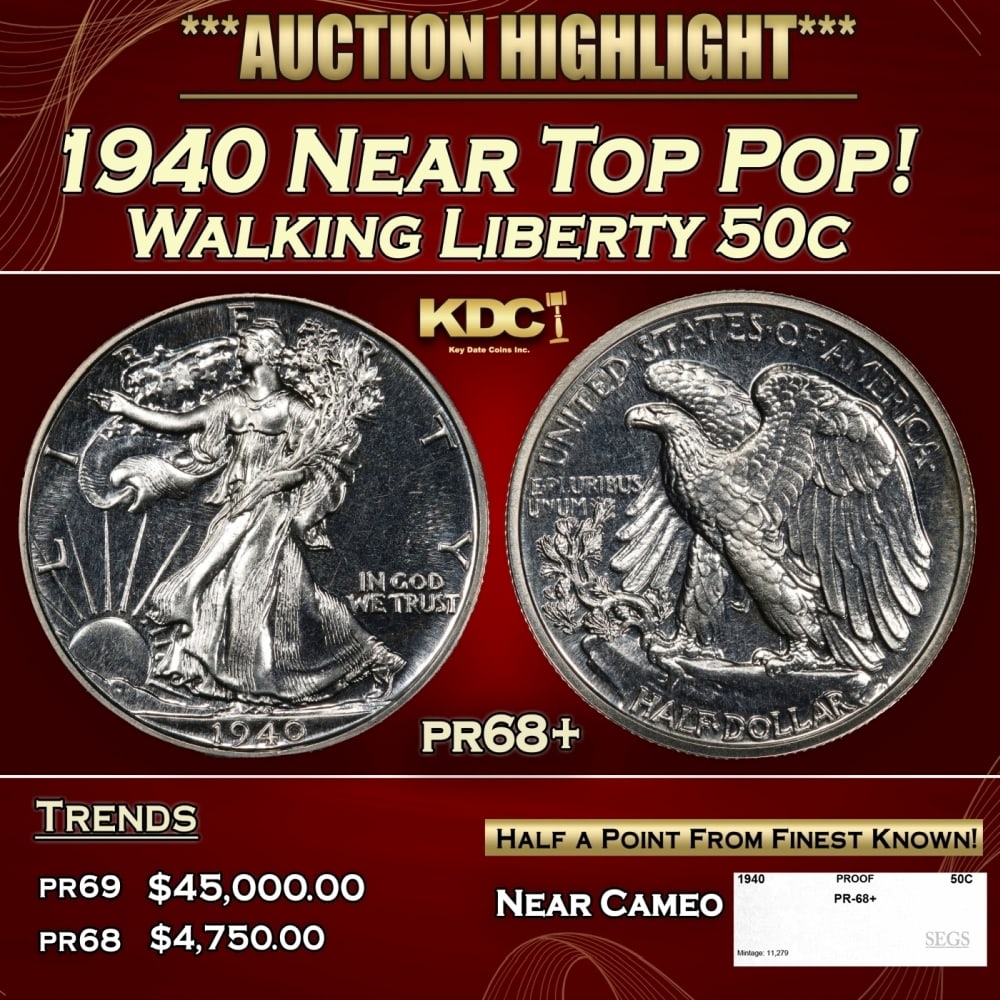 1940 Proof Walking Liberty Half Dollar Near Top Pop! 50c pr68+ SEGS: 1940 Near Top Pop! Walking Liberty Half Dollar 50c pr68+ SEGS. 0 Historic precious metal trends is causing increased spot pricing by the day. On auctions with set openings, we are doing our best to ha