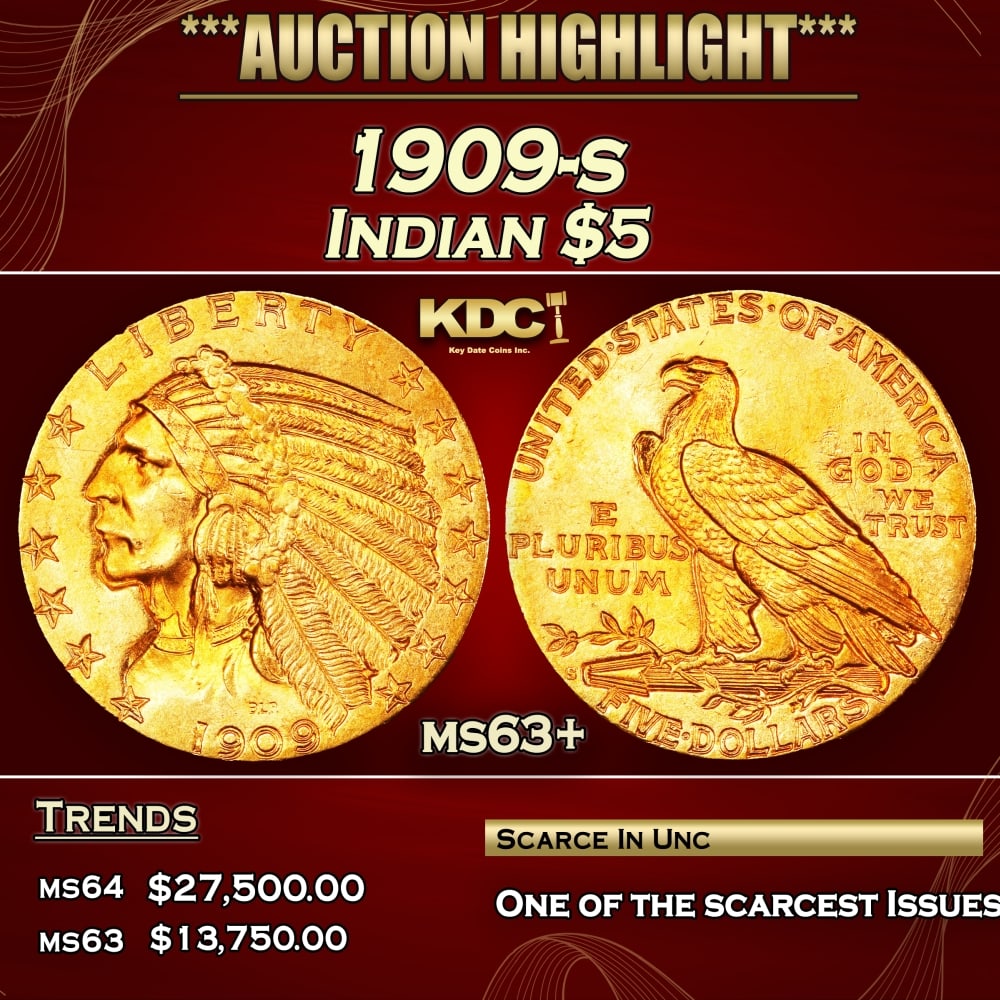 1909-s Gold Indian Half Eagle $5 ms63+ USCG: 1909-s Gold Indian Half Eagle $5 ms63+ USCG. Per David Akers of PCGS "The 1909-S is one of the four or five rarest issues of the series. Among San Francisco Mint issues it is virtually on par with the