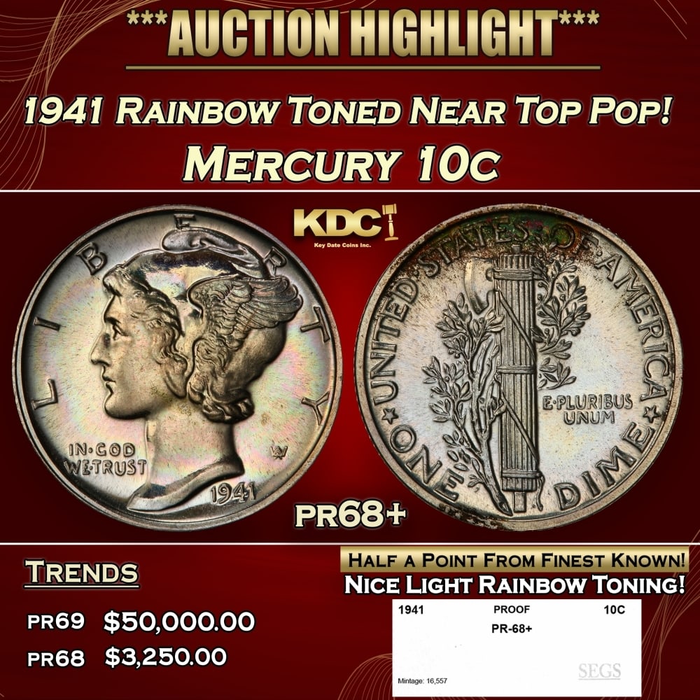 1941 Proof Mercury Dime Rainbow Toned Near Top Pop! 10c pr68+ SEGS: 1941 Rainbow Toned Near Top Pop! Mercury Dime 10c pr68+ SEGS. 0 Historic precious metal trends is causing increased spot pricing by the day. On auctions with set openings, we are doing our best to hav