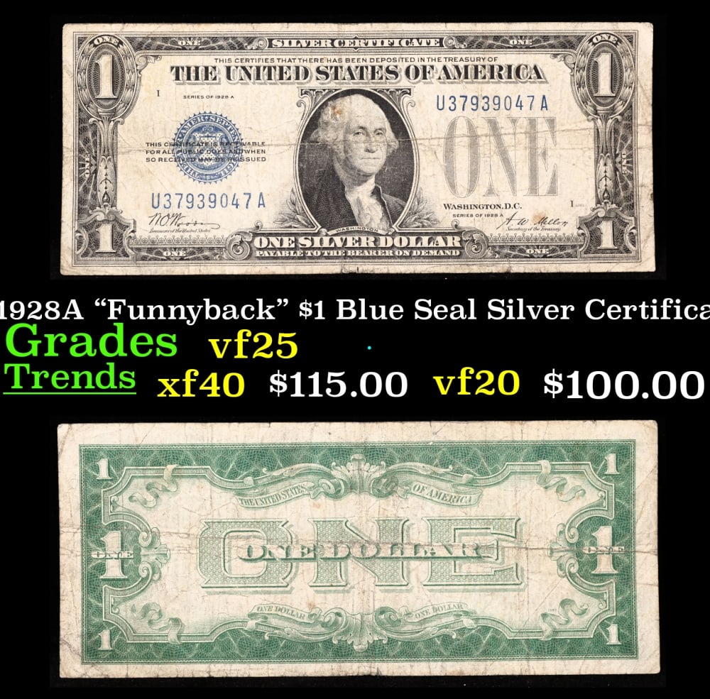 1928A $1 Blue Seal Silver Certificate "Funnyback" Grades vf+: 1928A $1 Blue Seal Silver Certificate "Funnyback" Grades vf+. FR-1601 Signatures Woods-Mellon These were the first notes to be called funnybacks. The reason they are called funnybacks is because of th