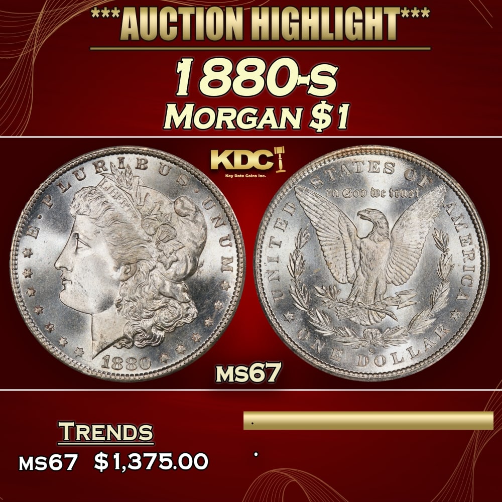 1880-s Morgan Dollar $1 ms67 SEGS: 1880-s Morgan Dollar $1 ms67 SEGS. 0 Historic precious metal trends is causing increased spot pricing by the day. On auctions with set openings, we are doing our best to have items priced at their mar