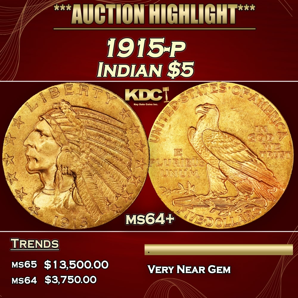 1915-p Gold Indian Half Eagle $5 ms64+ USCG (1 of 3)