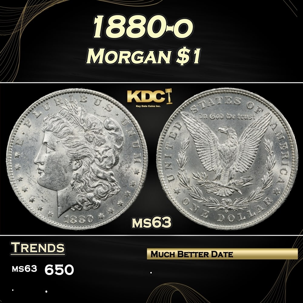 1880-o Morgan Dollar $1 Grades ms63: 1880-o Morgan Dollar $1 Grades ms63. 0 Historic precious metal trends is causing increased spot pricing by the day. On auctions with set openings, we are doing our best to have items priced at their m
