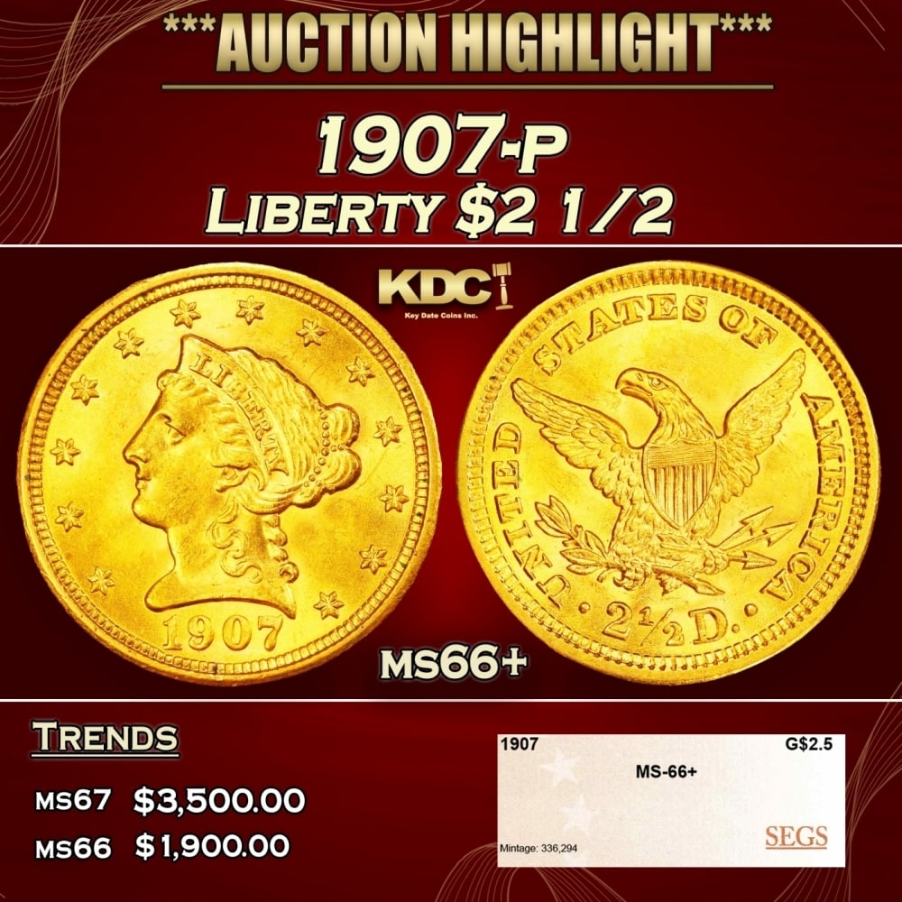 1907-p Gold Liberty Quarter Eagle $2 1/2 ms66+ SEGS (1 of 4)