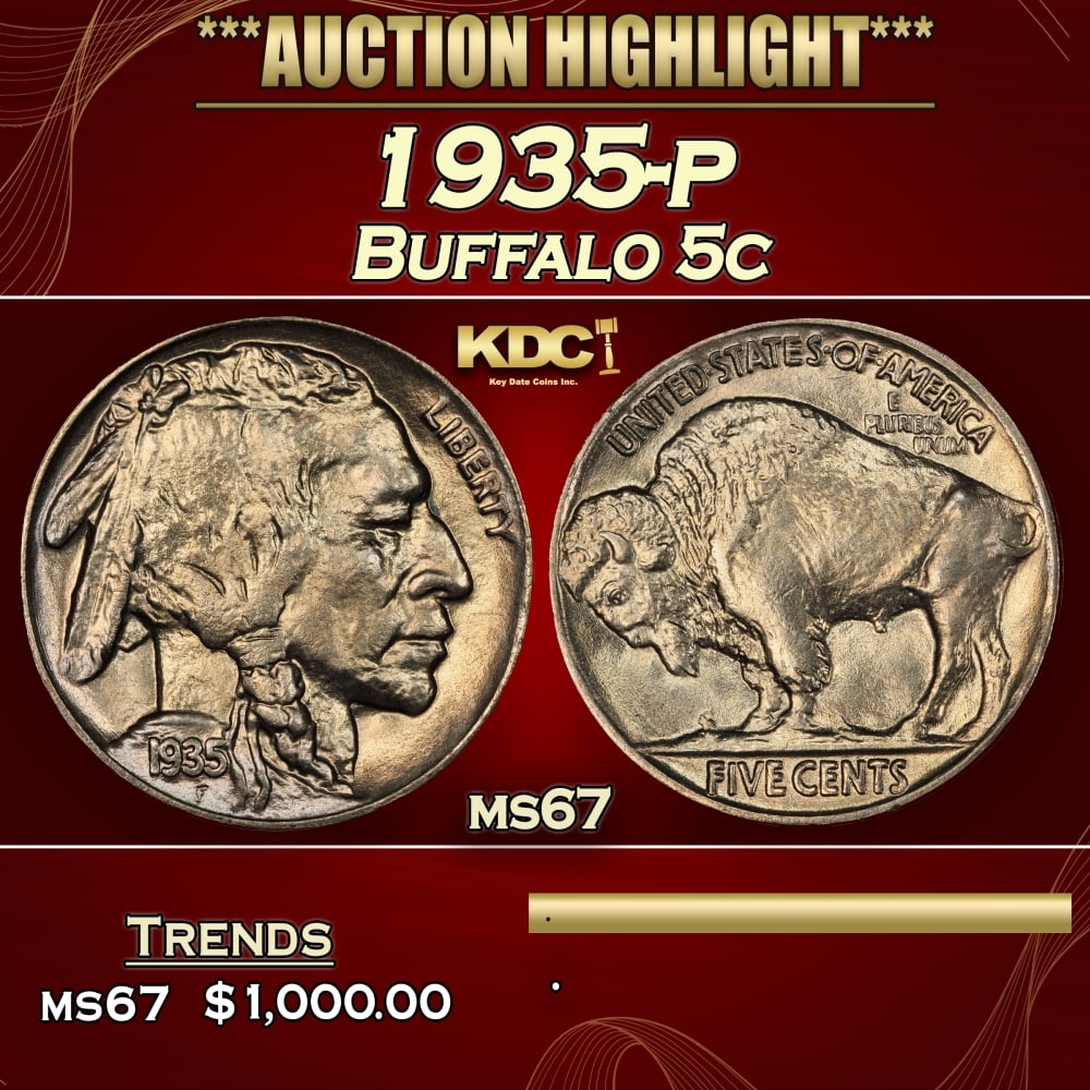 1935-p Buffalo Nickel 5c ms67 SEGS: 1935-p Buffalo Nickel 5c ms67 SEGS. 0 Historic precious metal trends is causing increased spot pricing by the day. On auctions with set openings, we are doing our best to have items priced at their ma