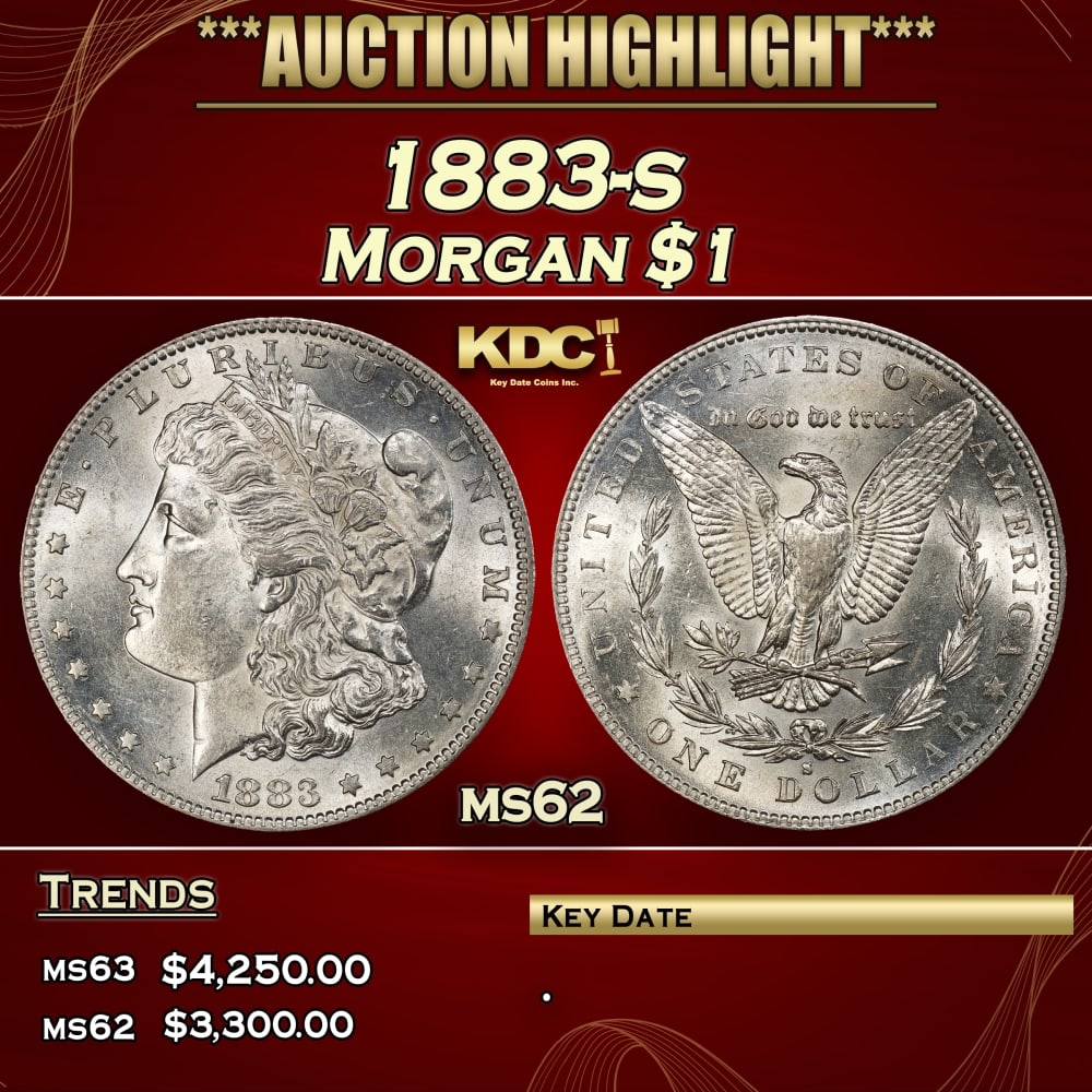 1883-s Morgan Dollar $1 ms62 USCG: 1883-s Morgan Dollar $1 ms62 USCG. 0 Historic precious metal trends is causing increased spot pricing by the day. On auctions with set openings, we are doing our best to have items priced at their mar