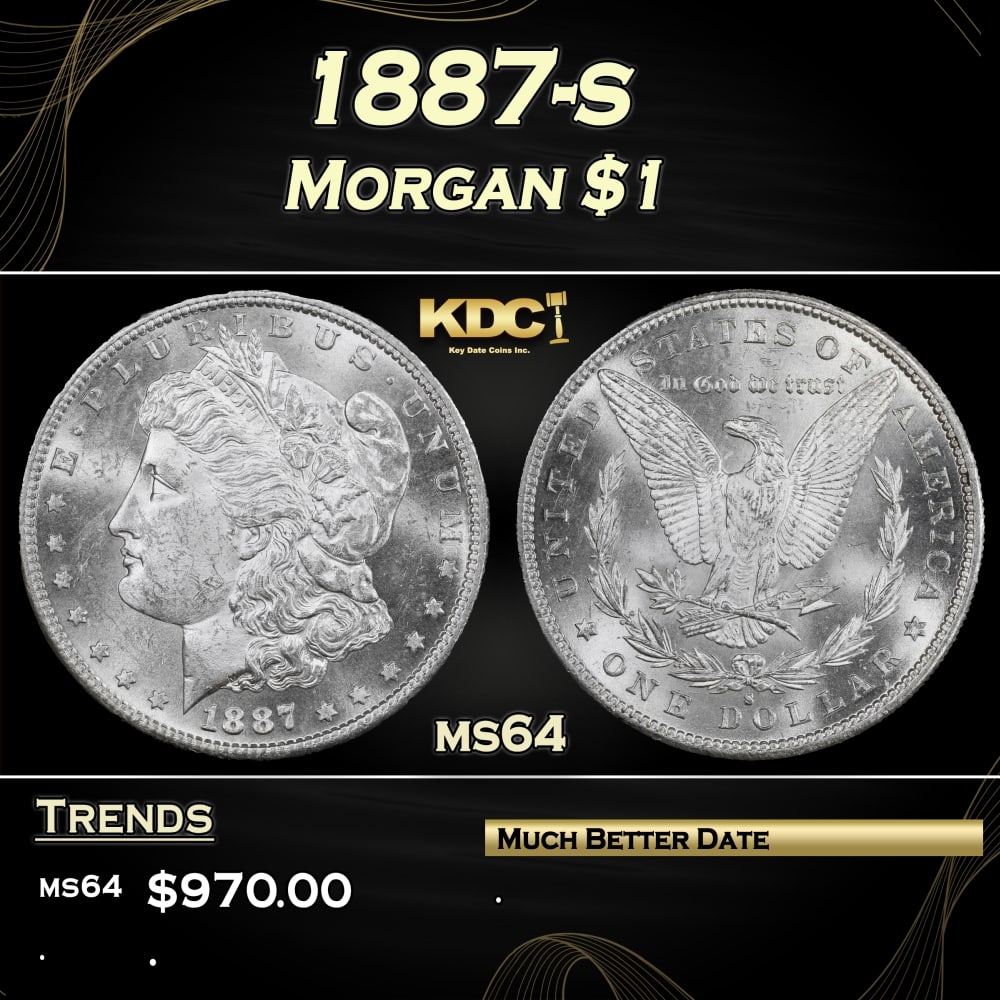 1887-s Morgan Dollar $1 ms64 SEGS: 1887-s Morgan Dollar $1 ms64 SEGS. 0 Historic precious metal trends is causing increased spot pricing by the day. On auctions with set openings, we are doing our best to have items priced at their mar