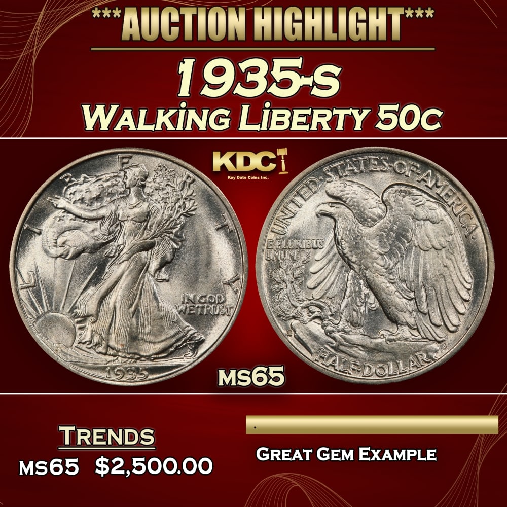 1935-s Walking Liberty Half Dollar 50c ms65 SEGS: 1935-s Walking Liberty Half Dollar 50c ms65 SEGS. 0 Historic precious metal trends is causing increased spot pricing by the day. On auctions with set openings, we are doing our best to have items pric