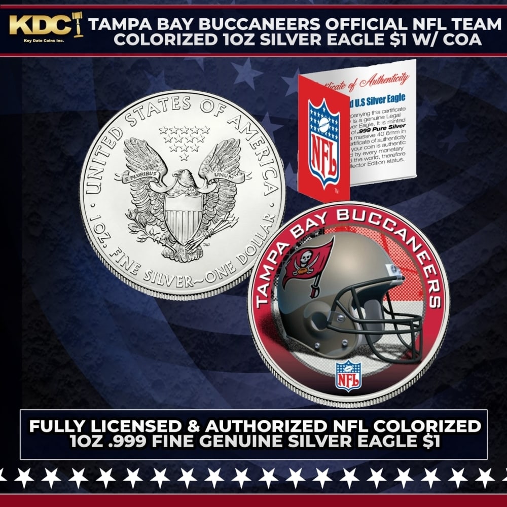 Tampa Bay Buccaneers Official NFL Team Colorized 1oz Silver Eagle $1 w/ COA Other Toy: Tampa Bay Buccaneers Official NFL Team Colorized 1oz Silver Eagle $1 w/ COA. This is your chance to own a fully licensed & authorized NFL colorized .999 Fine Silver Eagle $1 coin, beautifully enhanced