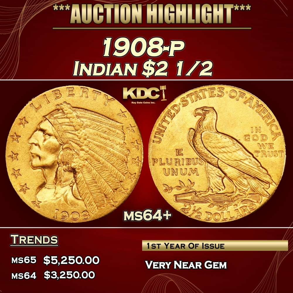 1908-p Gold Indian Quarter Eagle $2 1/2 ms64+ SEGS: 1908-p Gold Indian Quarter Eagle $2 1/2 ms64+ SEGS. Historic precious metal trends is causing increased spot pricing by the day. On auctions with set openings, we are doing our best to have items pric