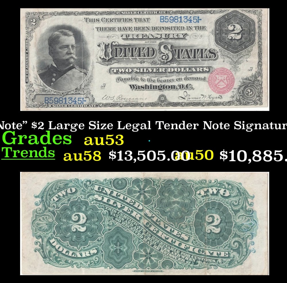 1869 $2 Large Size Legal Tender Note "Rainbow Note" Grades Select AU Signatures Alison/Spinner: 1869 $2 Large Size Legal Tender Note "Rainbow Note" Grades Select AU Signatures Alison/Spinner. FR-42 One of the most coveted and sought-after currency pieces in American history is this 1869 Legal Te