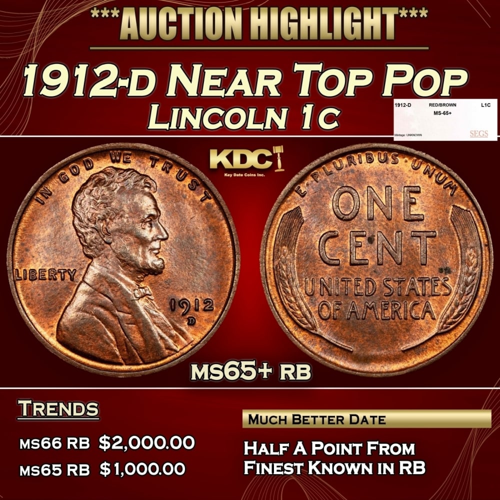 1912-d Lincoln Cent Near Top Pop 1c ms65+ rb SEGS: 1912-d Near Top Pop Lincoln Cent 1c ms65+ rb SEGS. According to David Hall, "The 1912-D is the second Denver mint Lincoln cent. It is rarer than the 1911-D and virtually identical in rarity to the 191