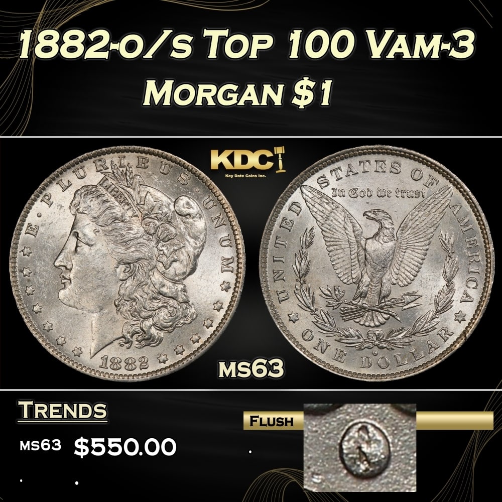 1882-o/s Top 100 Morgan Dollar Vam-3 $1 Grades ms63: 1882-o/s Top 100 Vam-3 Morgan Dollar $1 Grades ms63. 0 Historic precious metal trends is causing increased spot pricing by the day. On auctions with set openings, we are doing our best to have items p