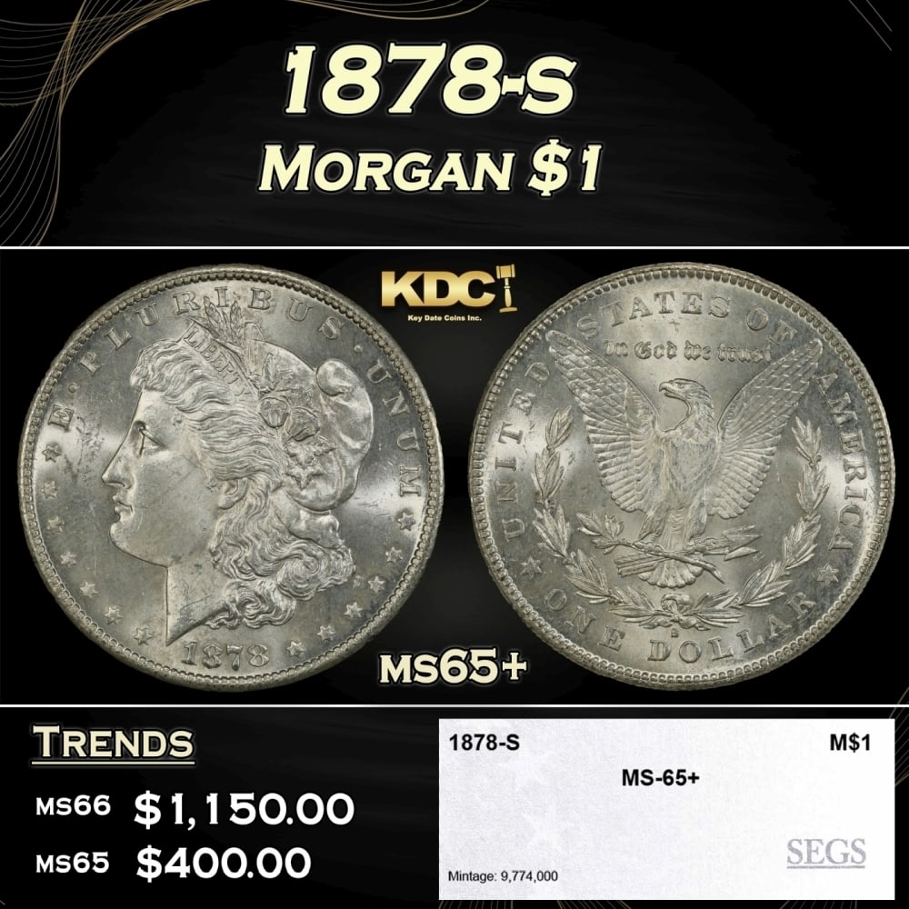 1878-s Morgan Dollar $1 ms65+ SEGS: 1878-s Morgan Dollar $1 ms65+ SEGS. Slightly better date. First year of issue. 0 Historic precious metal trends is causing increased spot pricing by the day. On auctions with set openings, we are doin