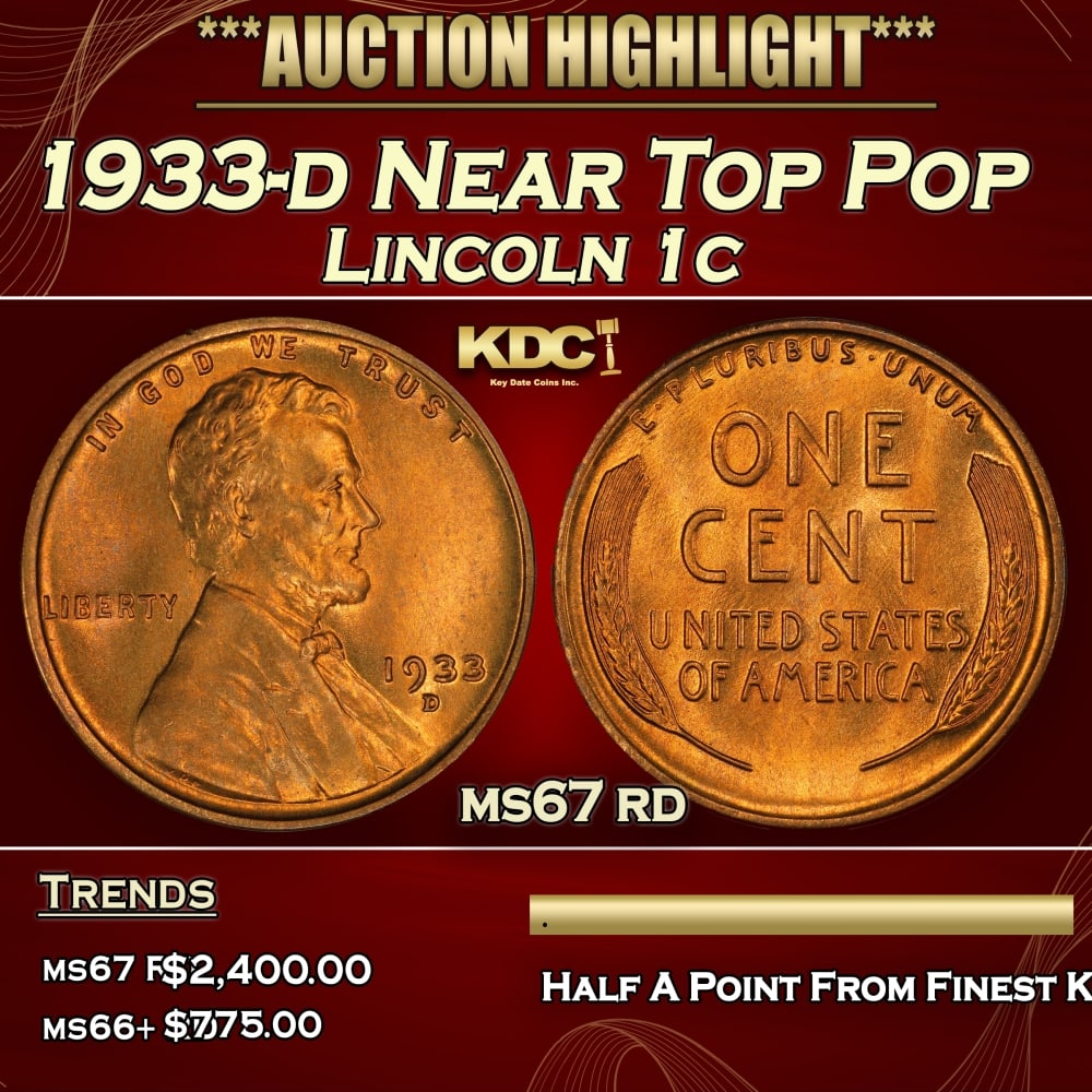 1933-d Lincoln Cent Near Top Pop 1c ms67 rd SEGS: 1933-d Near Top Pop Lincoln Cent 1c ms67 rd SEGS. 0 Historic precious metal trends is causing increased spot pricing by the day. On auctions with set openings, we are doing our best to have items pric