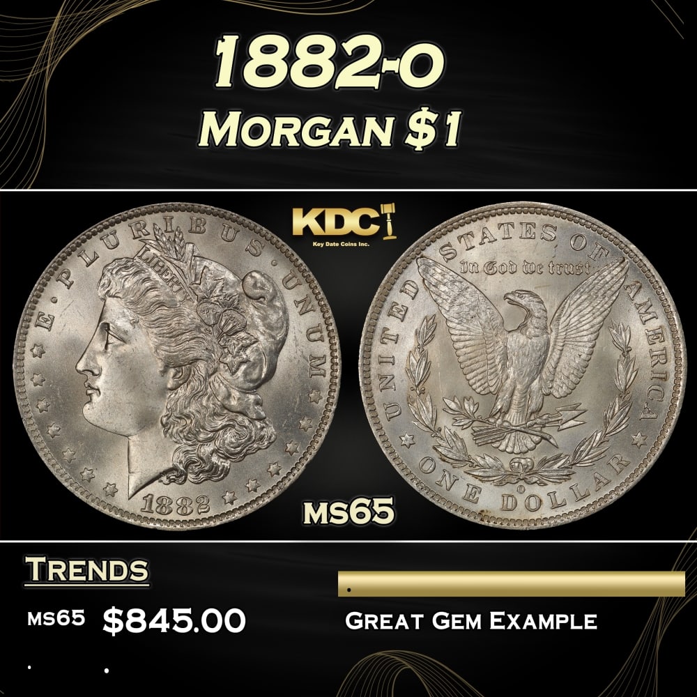1882-o Morgan Dollar $1 Grades ms65: 1882-o Morgan Dollar $1 Grades ms65. 0 Historic precious metal trends is causing increased spot pricing by the day. On auctions with set openings, we are doing our best to have items priced at their m