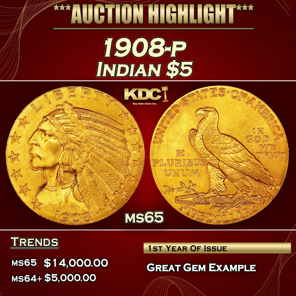 1908-p Gold Indian Half Eagle $5 ms65 USCG (1 of 3)