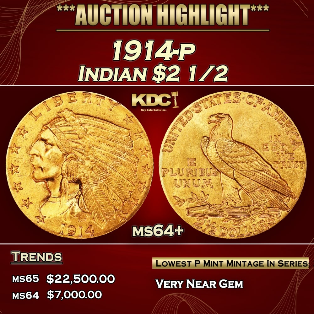 1914-p Gold Indian Quarter Eagle $2 1/2 ms64+ SEGS (1 of 3)