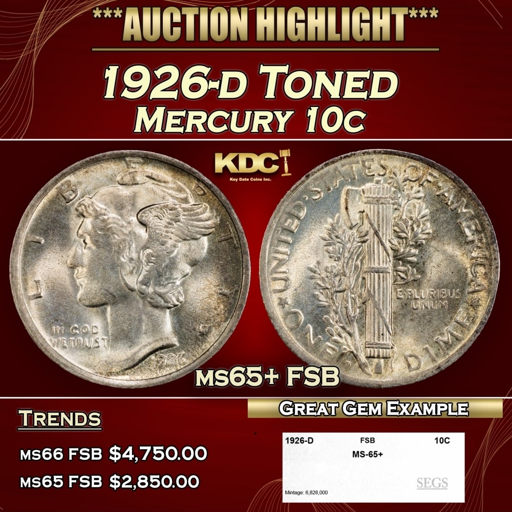 1926-d Mercury Dime Toned 10c ms65+ FSB SEGS (1 of 4)