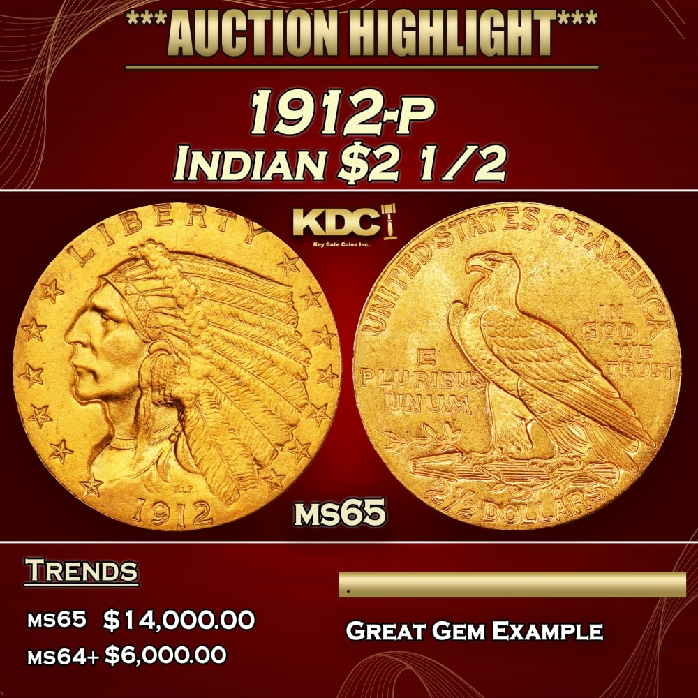 1912-p Gold Indian Quarter Eagle $2 1/2 ms65 SEGS: 1912-p Gold Indian Quarter Eagle $2 1/2 ms65 SEGS. Historic precious metal trends is causing increased spot pricing by the day. On auctions with set openings, we are doing our best to have items price
