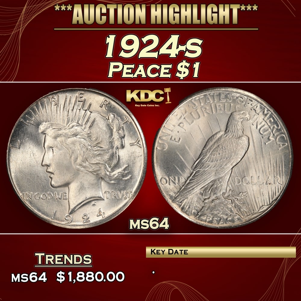 1924-s Peace Dollar $1 ms64 SEGS: 1924-s Peace Dollar $1 ms64 SEGS. 0 Historic precious metal trends is causing increased spot pricing by the day. On auctions with set openings, we are doing our best to have items priced at their mark