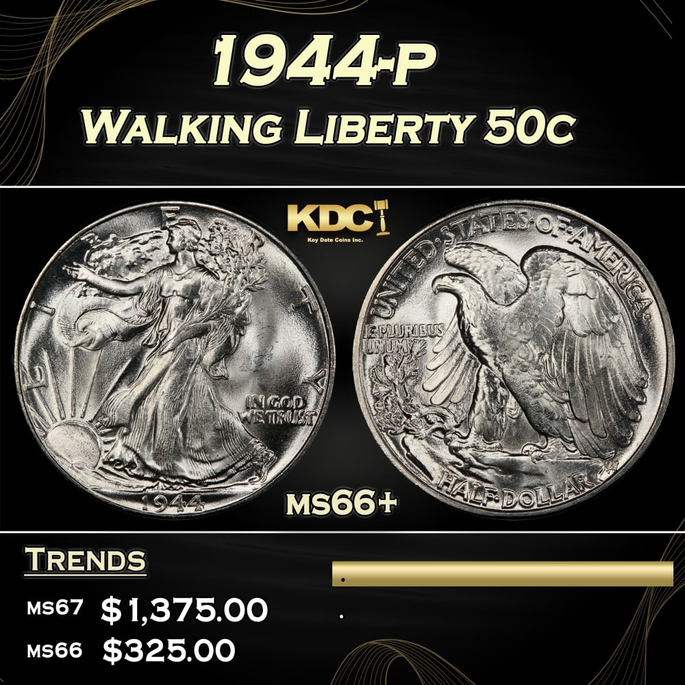 1944-p Walking Liberty Half Dollar 50c ms66+ SEGS: 1944-p Walking Liberty Half Dollar 50c ms66+ SEGS. 0 Historic precious metal trends is causing increased spot pricing by the day. On auctions with set openings, we are doing our best to have items pri