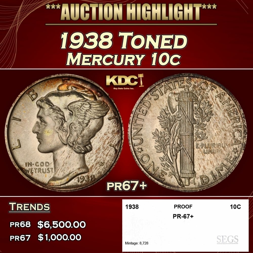1938 Proof Mercury Dime Toned 10c pr67+ SEGS: 1938 Toned Mercury Dime 10c pr67+ SEGS. 0 Historic precious metal trends is causing increased spot pricing by the day. On auctions with set openings, we are doing our best to have items priced at thei